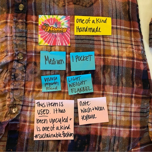 Handmade Floral Flannel Shirt Womens Size Medium Bleached Plaid Button Down Gold - Picture 7 of 11